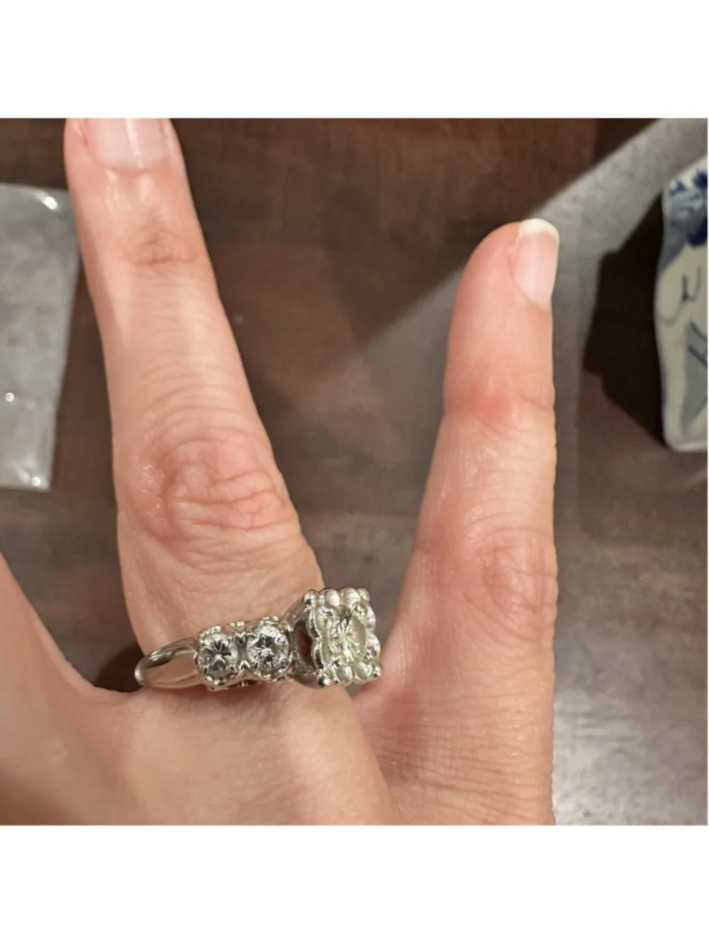 Art Deco 14K White Gold Natural 5 Diamond Cluster Ring Art Deco Flower Size 5-6